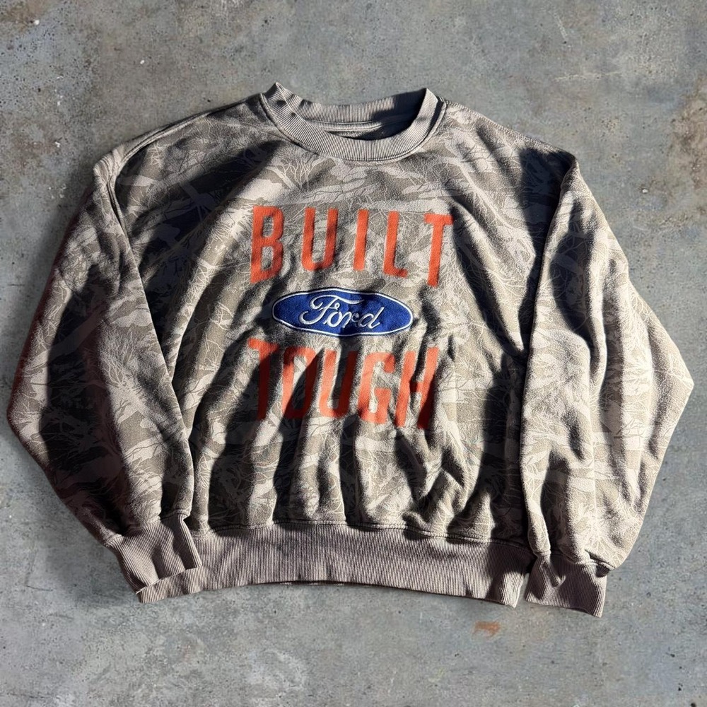 Ford Built Ford Tough Camo Crewneck Sweatshirt Mens Small Gray Orange Realtree